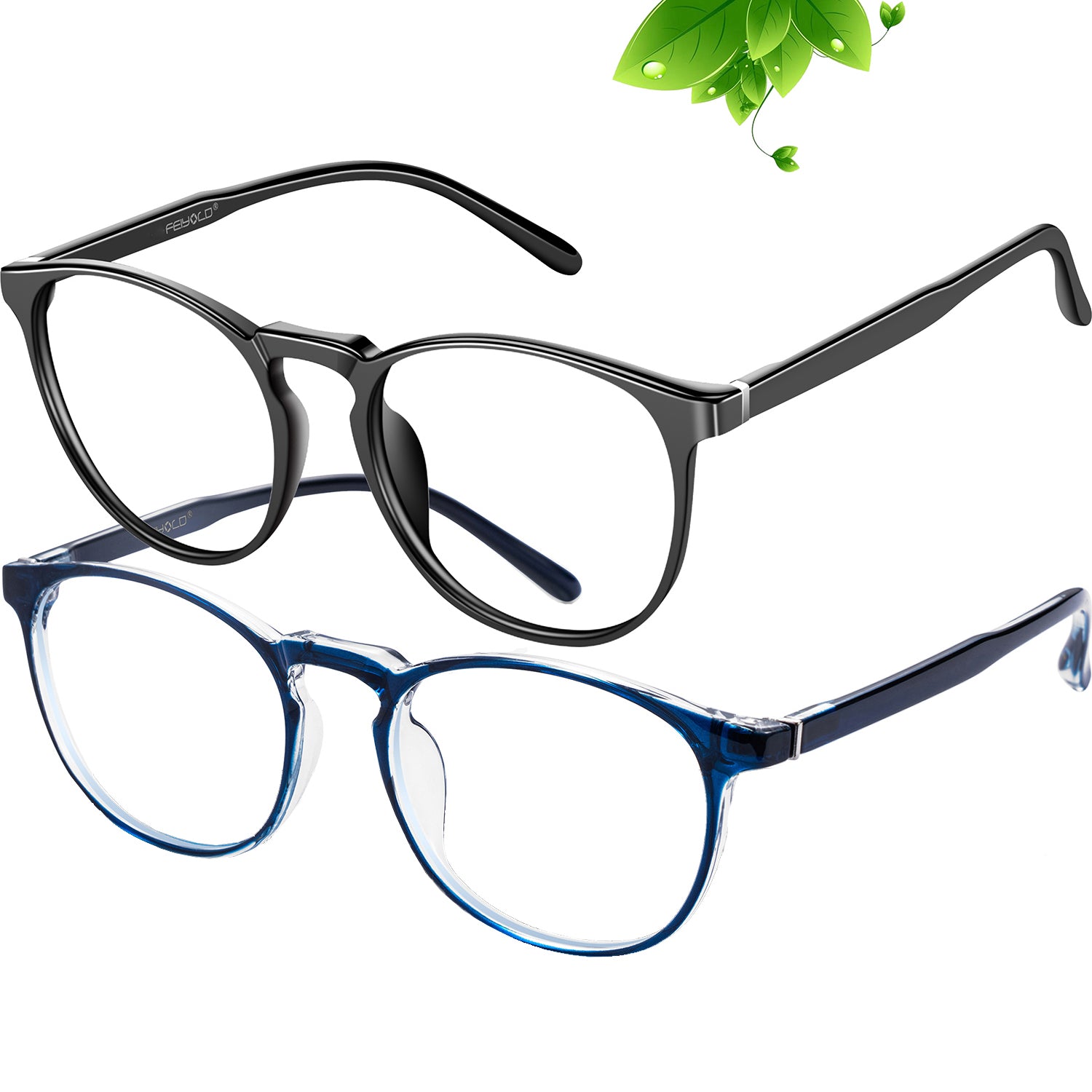 FEIYOLD Blue Light Blocking Glasses Women/Men,Retro Round Anti Eyestrain Computer Gaming Glasses(Black+Blue)